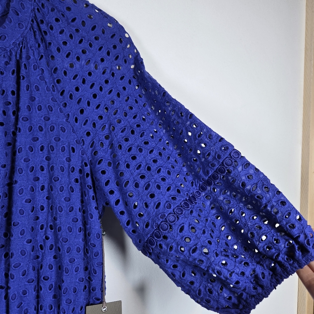 NEW Vince Camuto Blue Eyelet Fit & Flare Cotton Tassle Waist Midi Dress Size 6 - Picture 5 of 14